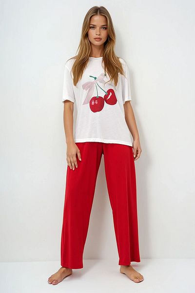 VAGGON Set de pijamale pentru femei, burgundă, cu decolteu, cu imprimeu și pantaloni de culoare uni Pjmx13883