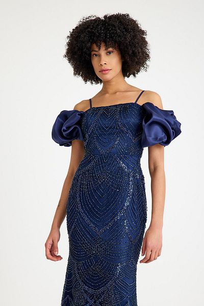 SpringStore Navy Blue Off Shoulder Beaded Evening Dress