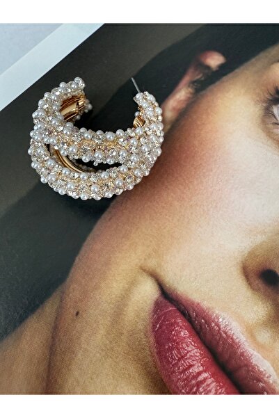 Pinery Jewels Limited Edition - 3 Sıra İnci ve Zirkon Taş Detaylı Maxi Boy Abiye Küpe Çifti