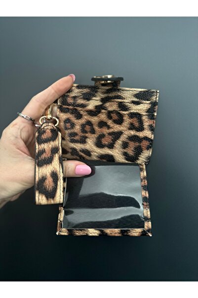 Melos Butik Women's Minimal Card Holder Detailed Wallet with Leopard Keychain Accessory