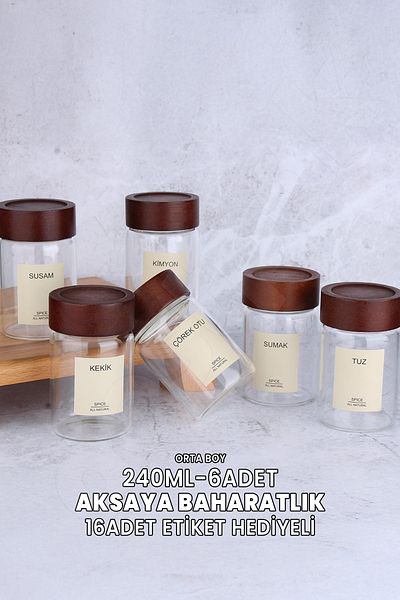 Destpak (Aacacia) 6 Pieces 240 ml Glass Spice Jar with Acacia Lid - Round Spice Set - 16 Pieces with Labels