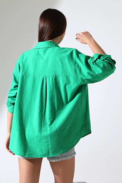 Corradeo Giyim New Season Oversize Pattern Linen Fabric Applique Women's Shirt with Pockets and Epaulettes