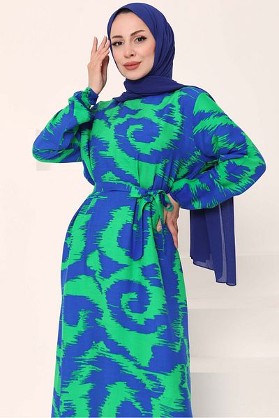 TOFİSA Patterned Belted Dress Green - 27039