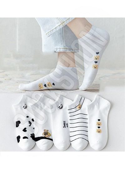 SOCKSHION Set de 5 perechi de șosete papuci de damă albi cu model panda și vacă