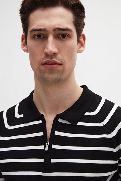 D'S Damat Πλεκτό μπλουζάκι με φερμουάρ Slim Fit Black Rayon Polo Collar