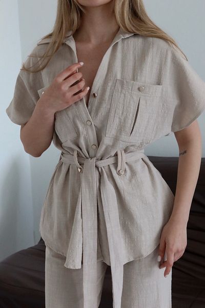 Laluvia Natural Buttoned Belted Blouse Trousers Set - 7207