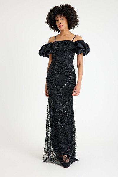 SpringStore Black Off Shoulder Beading Embroidered Evening Dress
