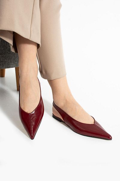 diclepolat Peras Burgundy Patterned Patent Leather Rubber Detailed Short Heeled Women's Ballerinas