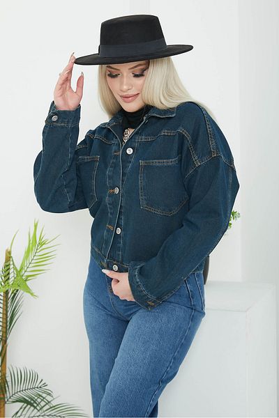 TOFİSA Women's Double Pocket Crop Denim Jacket Dark Blue - 26573