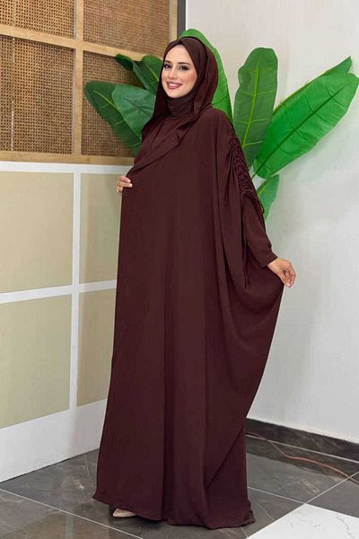 Bym Fashion Hooded Abaya and Robe Double Set 70013 Brown