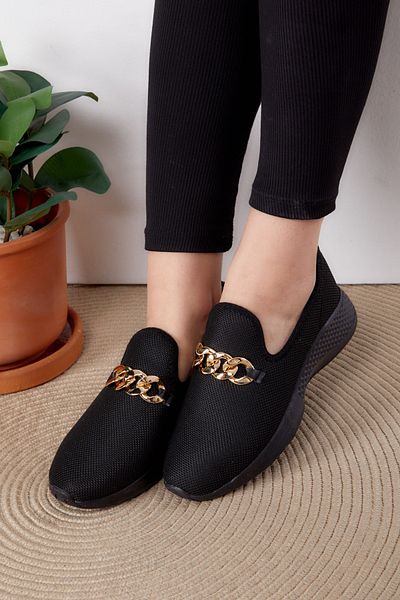 TOFİSA Women's Black Chain Buckle Sneakers - 27069