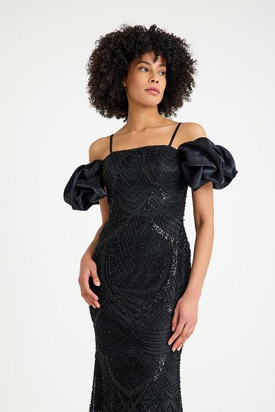SpringStore Black Off Shoulder Beading Embroidered Evening Dress