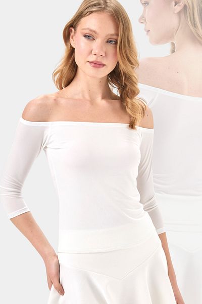 By Yaren Yazıcı Ecru Madonna Collar Design Three Quarter Sleeve Blouse