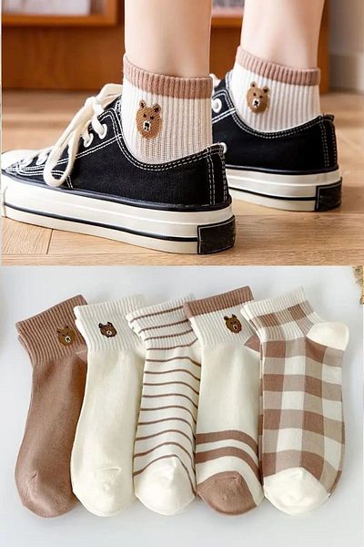 SOCKSHION Комплект дамски цветни чорапи до глезена с шарка на мече - 5 чифта стилни и удобни чорапи до глезена