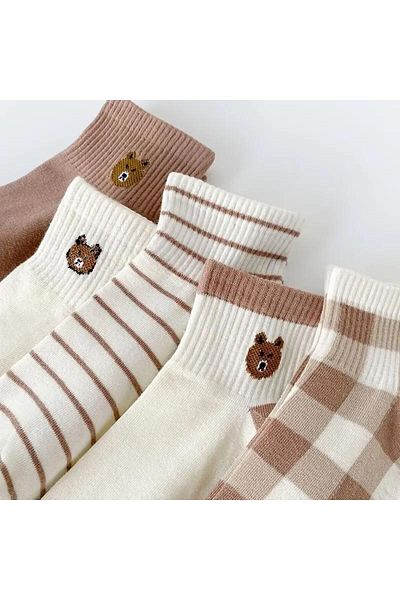 SOCKSHION Комплект дамски цветни чорапи до глезена с шарка на мече - 5 чифта стилни и удобни чорапи до глезена