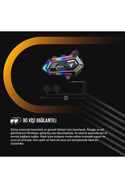 ALWAYS TEKNOLOJİ AL-Y20 Max Motorsiklet Intercom Su Geçirmez Kask 2 Kişi Telsiz Bağlantılı Intercom Rgb Intercom