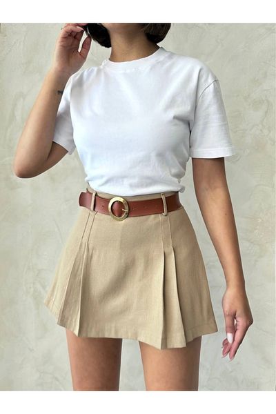 Ecenin Favorileri Beige Gabardine Pleated Women's Shorts Skirt
