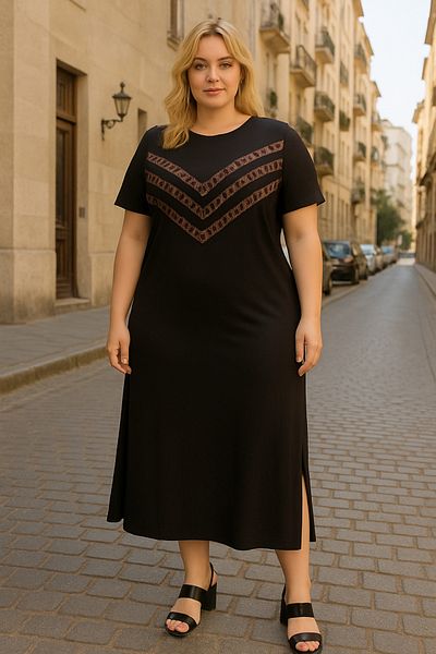 SOSA Plus Size Black Leopard Detail Slit Short Sleeve Dress