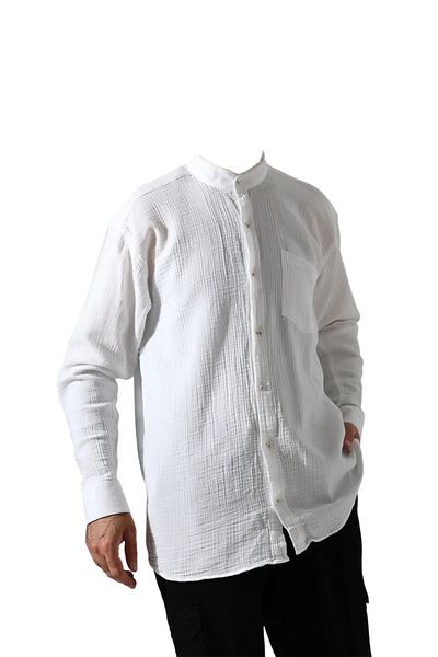 Çağrı Men's Judge Collar Long Sleeve Buttoned Muslin Shirt Beige