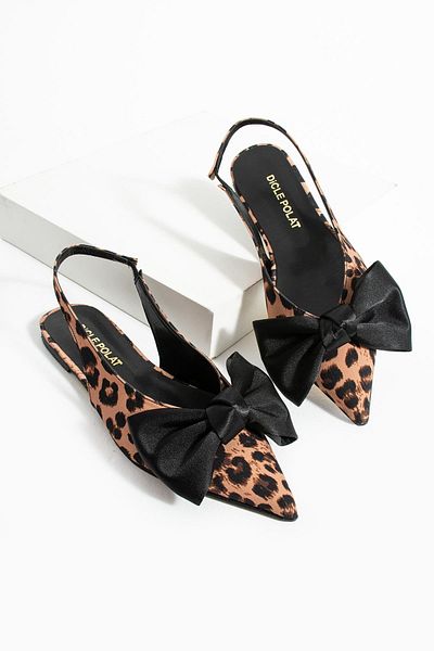 diclepolat Zeyna Black Lepoar Bow Detailed Pointed Toe Women's Ballerina Shoes