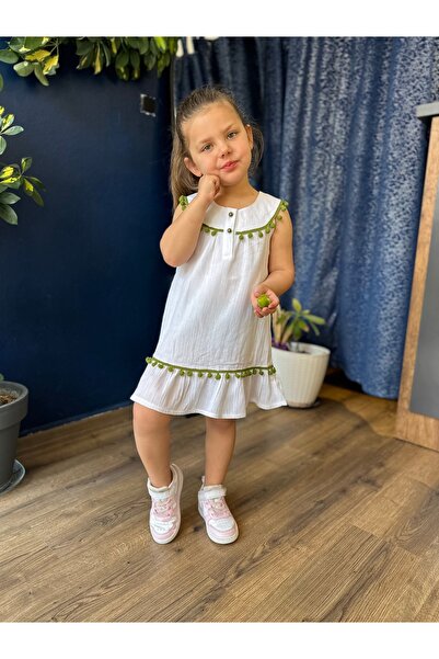 Fortuna Butik Organic Şile Diaper Children's Dress with Pompom