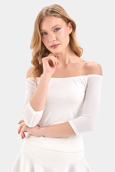 By Yaren Yazıcı Ecru Madonna Collar Design Three Quarter Sleeve Blouse