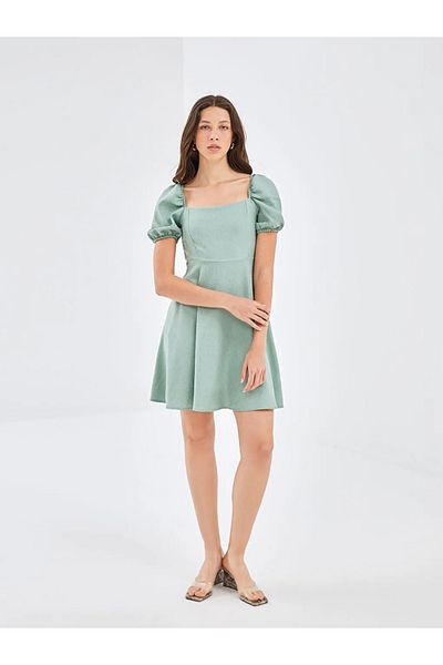 LC Waikiki Lc Wai̇ki̇ki̇ Blai̇s Green Square Collar Straight Short Sleeve Linen Look Women's Dress