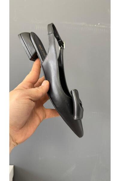 Preshley Sista Black Skin Bow Open Back 2 cm Heeled Pointed Toe Ballerinas