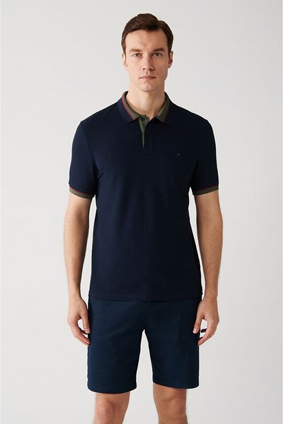 Avva Marineblaues, gestreiftes Herren-T-Shirt aus 100 % Baumwolle mit 2 Knöpfen und Polokragen E 001036