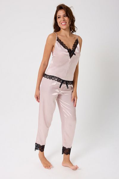 leswear Set cămașă de noapte din satin cu detaliu din dantelă din 2 piese cu pantaloni