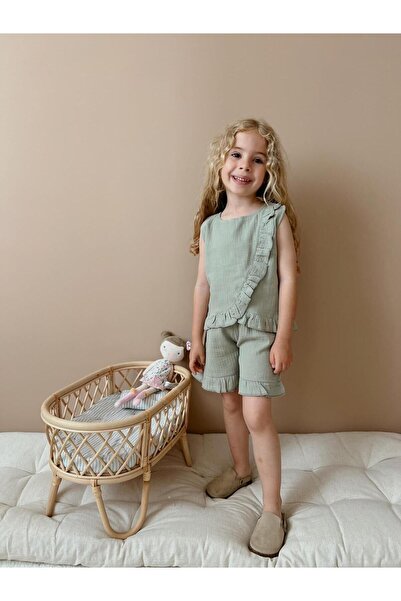 YİGİT BUTİK Girl's Muslin Fabric Ruffle Detailed Shorts Suit