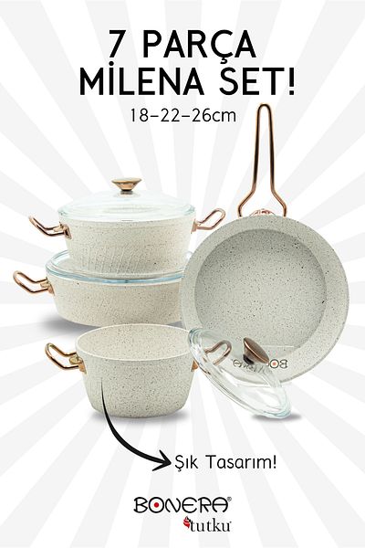 Bonera Milena 7-Piece Snow White Granite - Rose Gold Handle Detailed Cookware & Pan Set