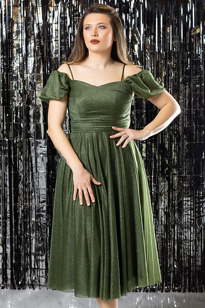 SUBU TASARIM Strappy Glitter Evening Dress Khaki Tbs376