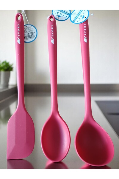 IVORY Silikon 3'lü Takım Büyük Boy Fuşya Renk Kepçe Spatula ve Kaşık 35 cm