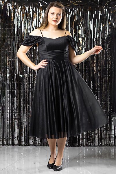 SUBU TASARIM Askılı Simli Abiye Elbise Siyah TBS376