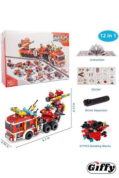giffy Fire Engine Building Vehicle Block Set 557 Pieces Boxed Fire Engine City Vehicles Set 12 Vehicles in One Combination
