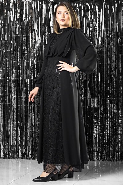 SUBU TASARIM Processing Detailed Chiffon Evening Dress Black Tbs954