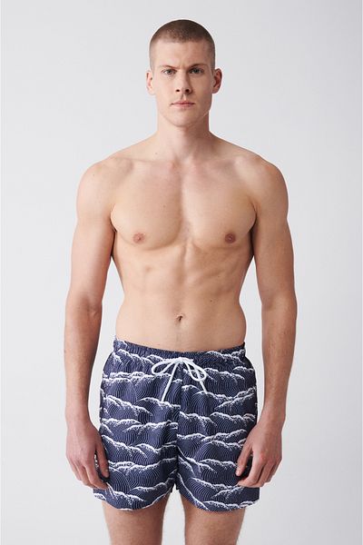 Avva Marineblaue, schnell trocknende, bedruckte Badeshorts für Herren E 003802