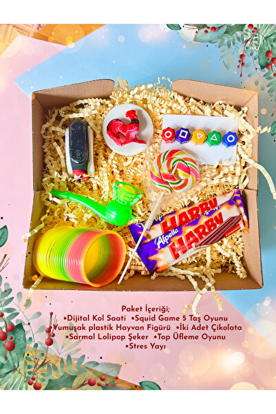 ByBastik Mumbastik Erkek Çocuk Hediye Kutusu I Karne Hediyesi I Squid Game 5 Taş Oyunu I Dijital Çocuk Saati