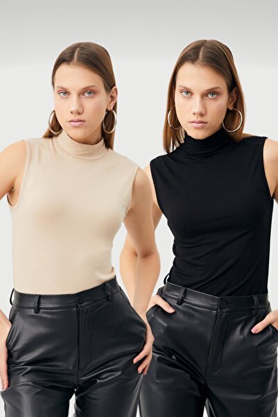 Bipantolon Body fără mâneci din 2 piese pentru femei, negru crem