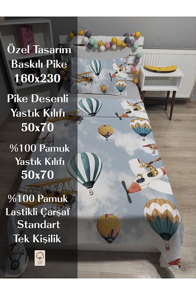 yok yok evim eve dair her şey 4 Piece Colorful Balloons Patterned Single Pique Bedspread Set with Elastic Sheets