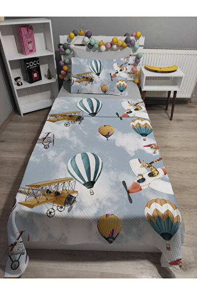 yok yok evim eve dair her şey 4 Piece Colorful Balloons Patterned Single Pique Bedspread Set with Elastic Sheets