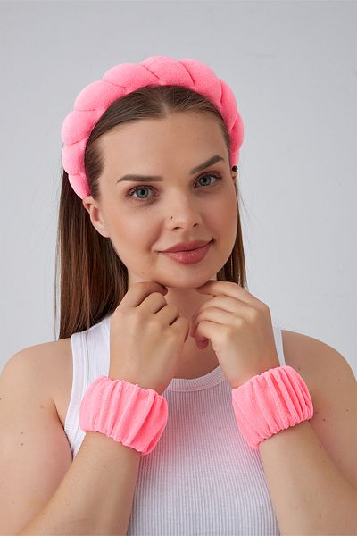 Modex Fuchsia Pink Towel Fabric Twisted Curved Spa and Makeup Women's Crown and 2 Bracelet Set
