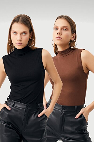 Bipantolon Body fără mâneci din 2 piese pentru femei, negru, maro amar