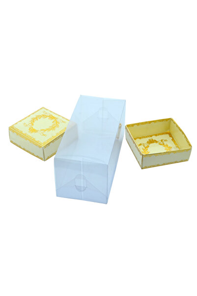 HitDukkan Hediyelik Alt Üst Karton Kapak Krem Gold Varaklı Arası Asetat Kutu (8CMX8CMX16.5CM)