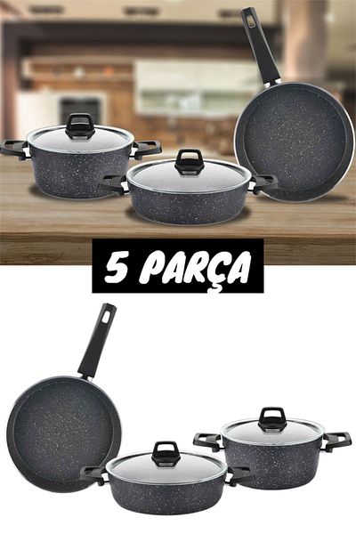 Bayev Mamys 5 Piece Gray Granite Cookware Set Mother's Day Special Set Special for Mothers