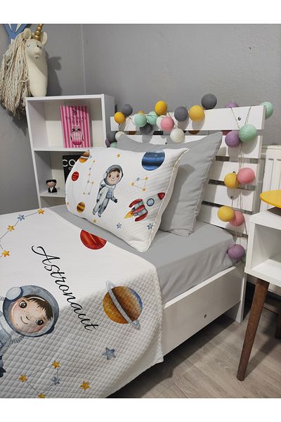 yok yok evim eve dair her şey 4 Piece Astronaut Patterned Single Pique Bedspread Set with Elastic Sheets
