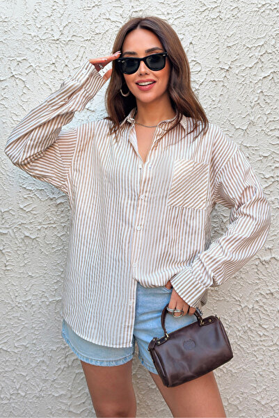 King Brothers Women Shirt Loose Fit Boyfriend Beige Thick Striped Shirt Single Pocket Long Sleeve