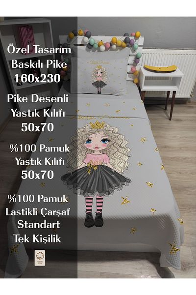 yok yok evim eve dair her şey 4 Piece Little Princess Patterned Single Pique Bedspread Set with Elastic Sheets