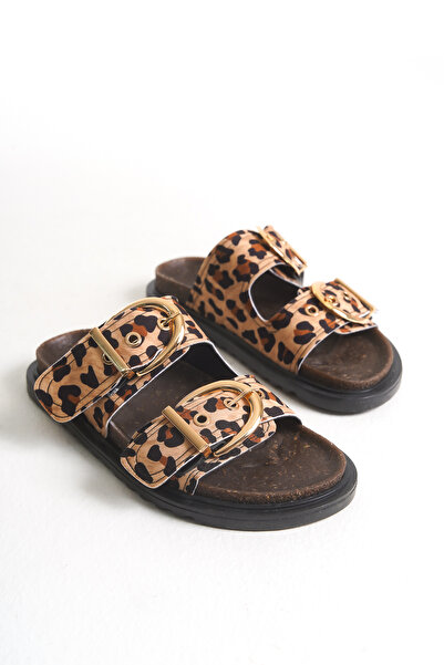 Moda Değirmeni Leopard Women's Double Buckle Non-Slip Sole Comfortable Daily Stylish Te Md1165-122-0003